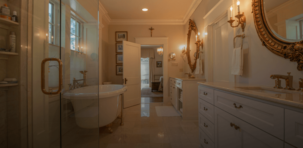 a bathroom with a large tub and sink